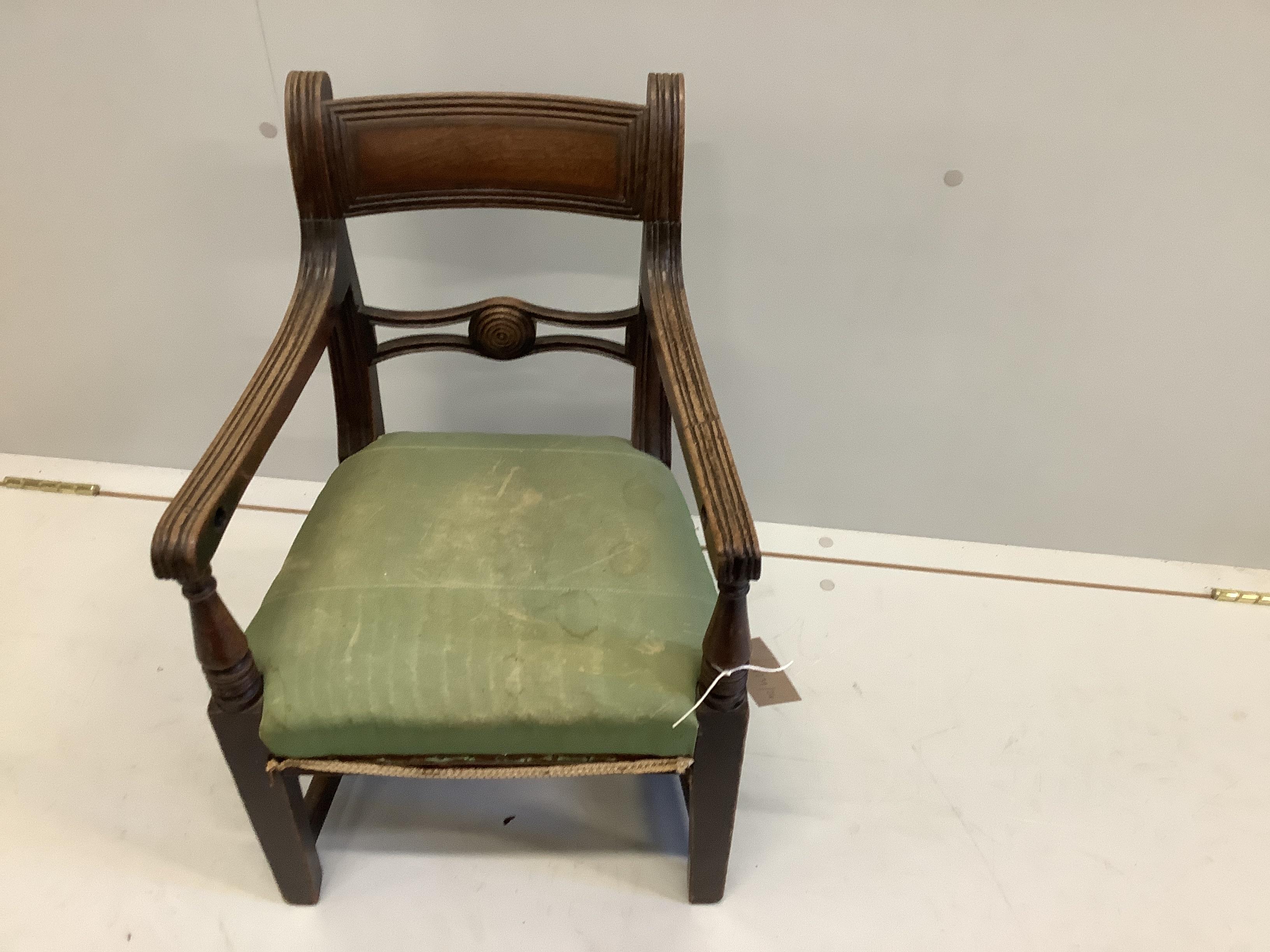 A Regency mahogany child's elbow chair, width 36cm, depth 31cm, height 59cm